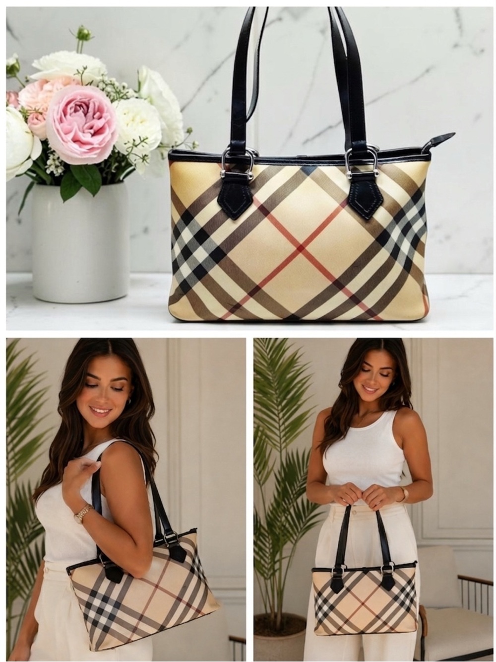 Burberry Haymarket Check Canvas Leather Tote Shoulder Bag⁠